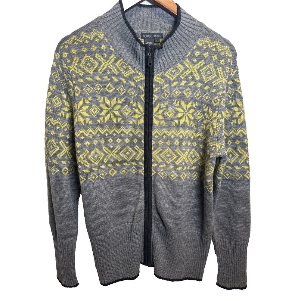 Nomadic Traders Full Zip Sweater Gray with Yellow Fair Isle Women's Size Large